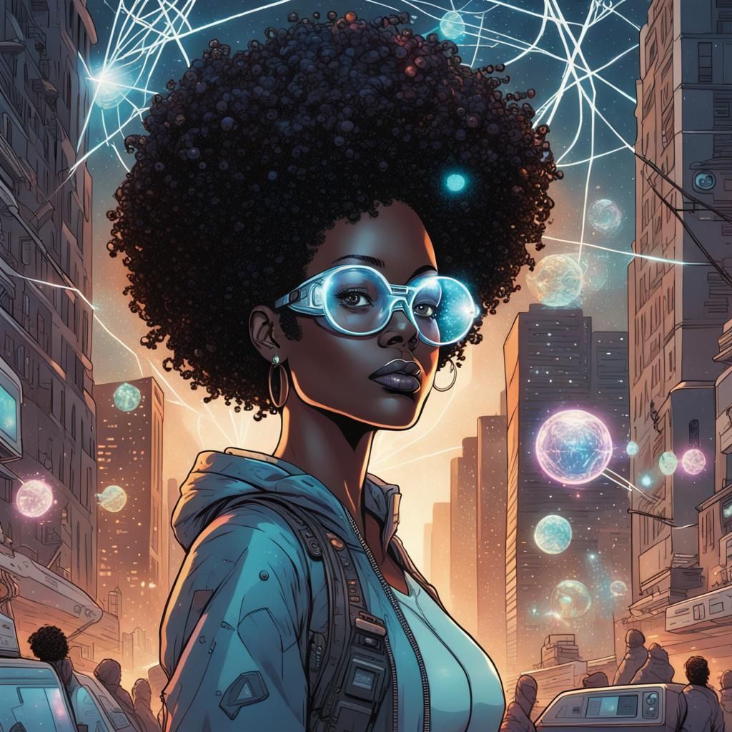 Afrofuturistic Woman in Cosmic Cityscape