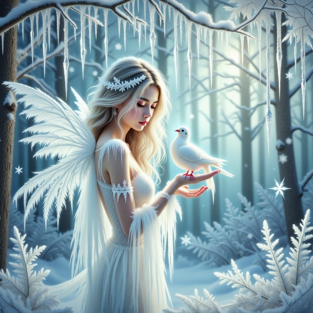 <lora:Beautiful women:0.5> <lora:Frost:1.0> beautiful stunning ice fairy *front facing* with perfect wings in a winter w...