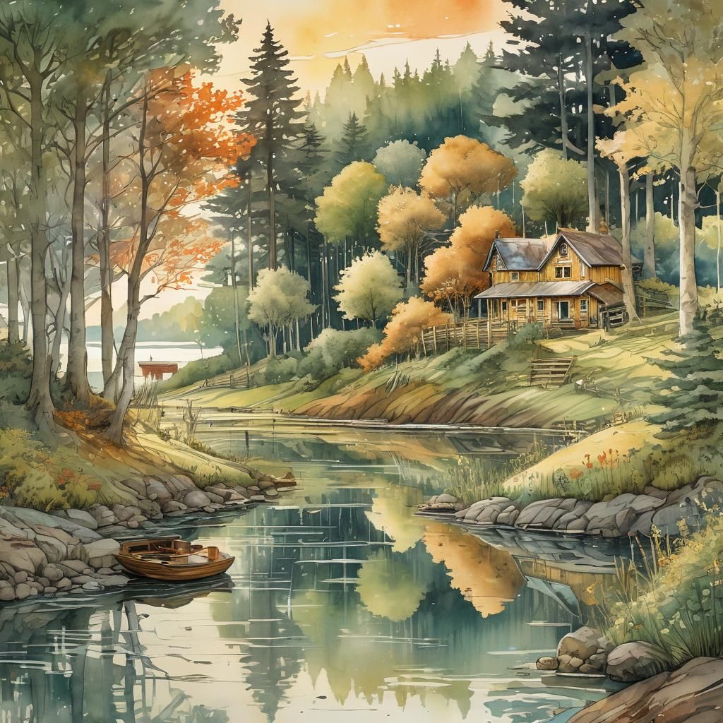Enchanting Lakeside Farm in Naïve Art Style