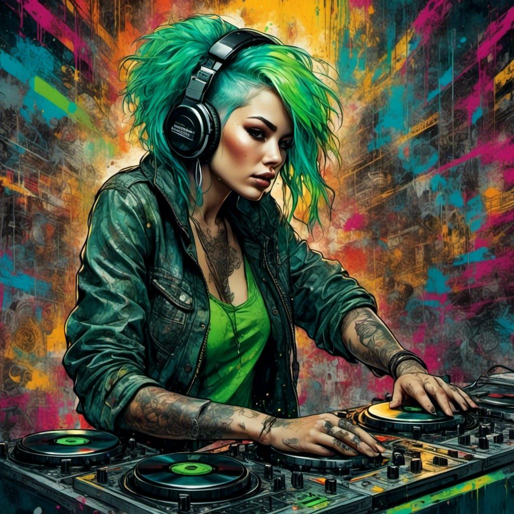 Neon Haired DJ in Club: Watercolor Grunge Style