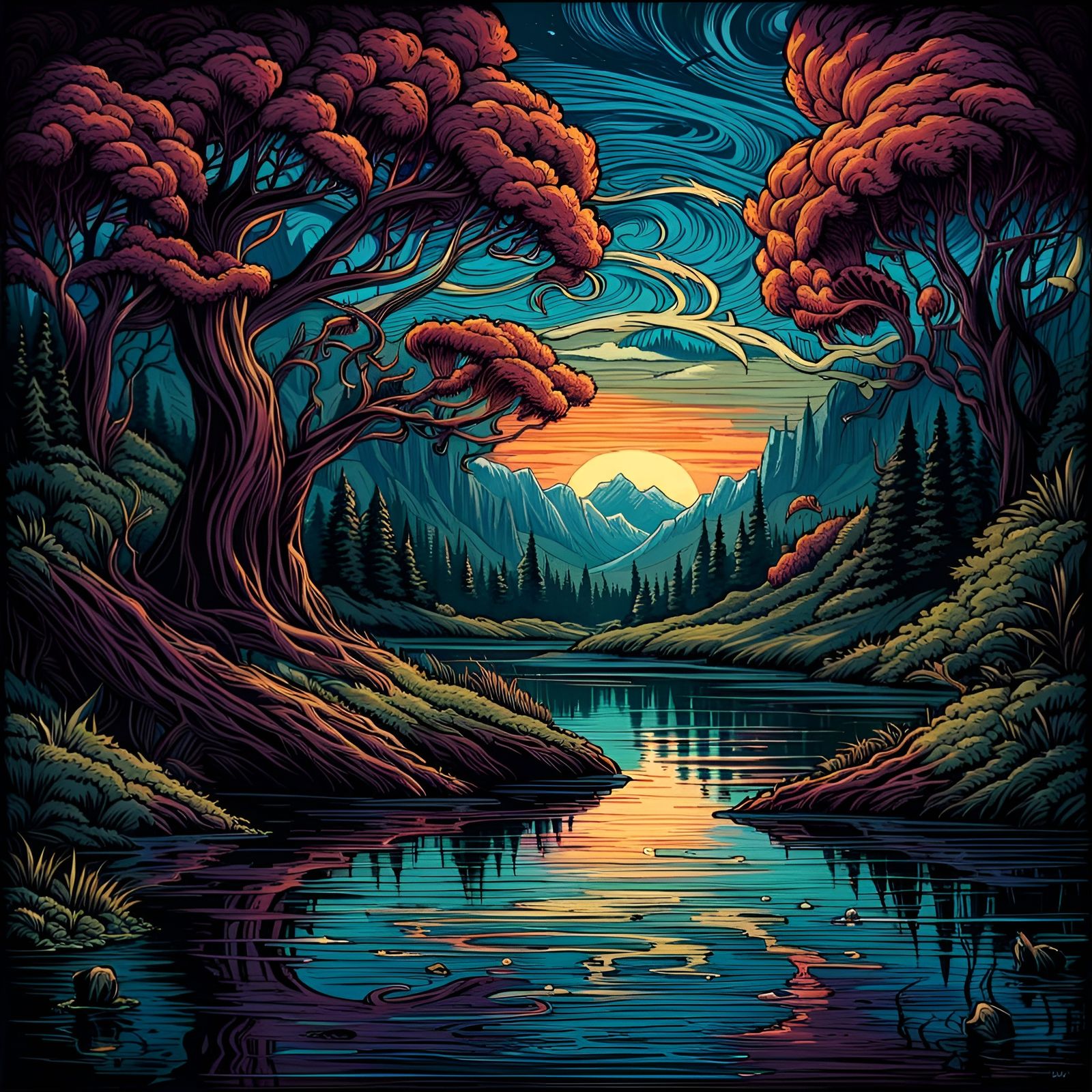 Tranquil Lakes Reflections in Fantasy Art Style