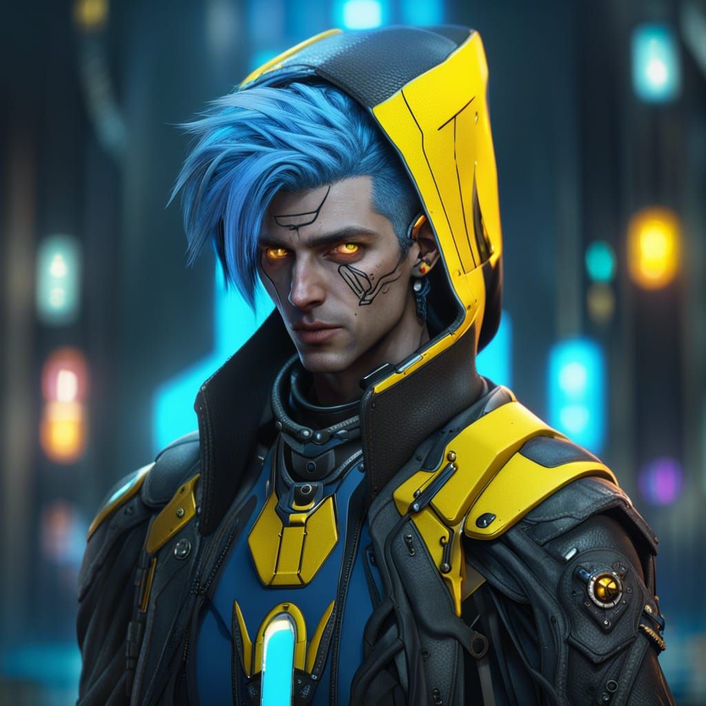 Cyberpunk Reaper with Yellow Eyes and Blue Hair