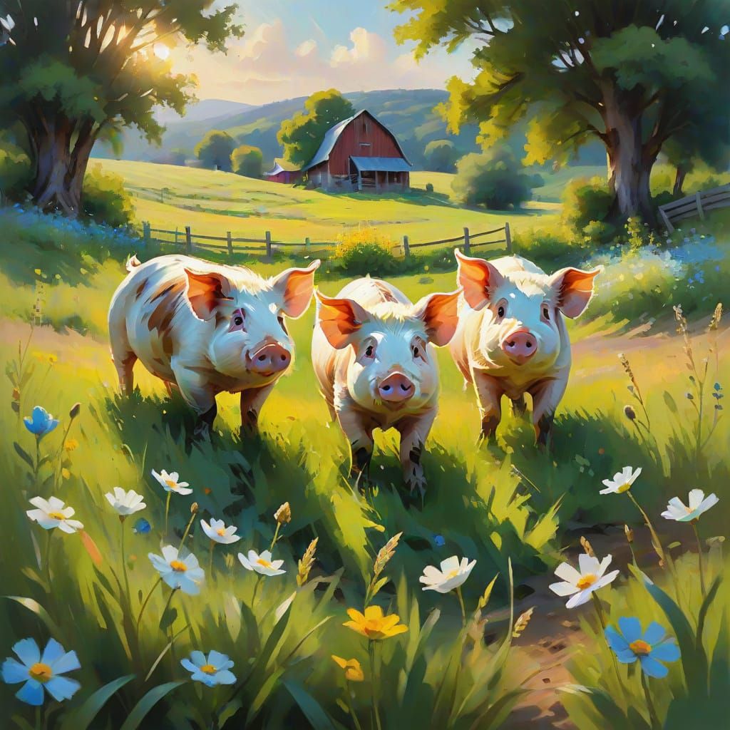 Whimsical Farm Piggies in Impressionist Art