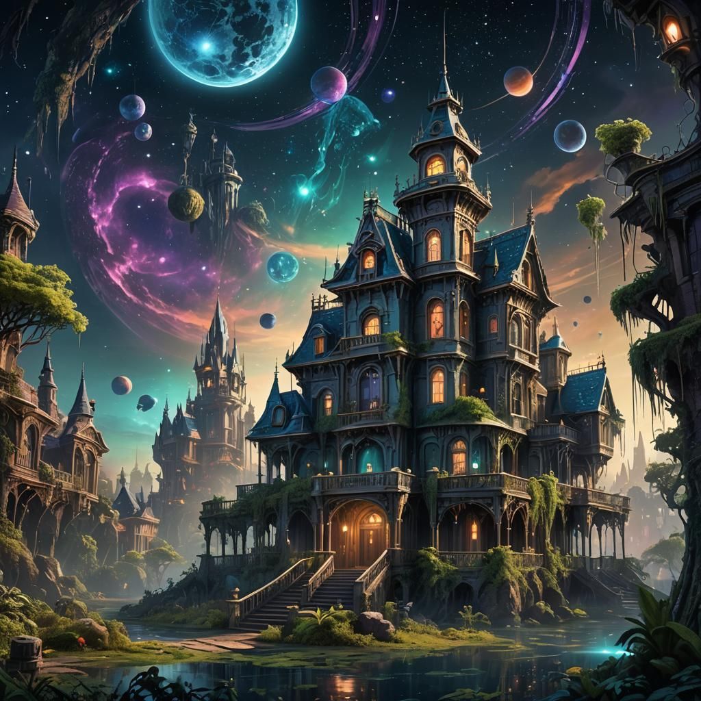 Abandoned Haunted Mansion Drifting in Space