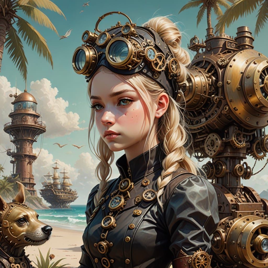 Young Girl in Steampunk Armor with Mechanical Dog