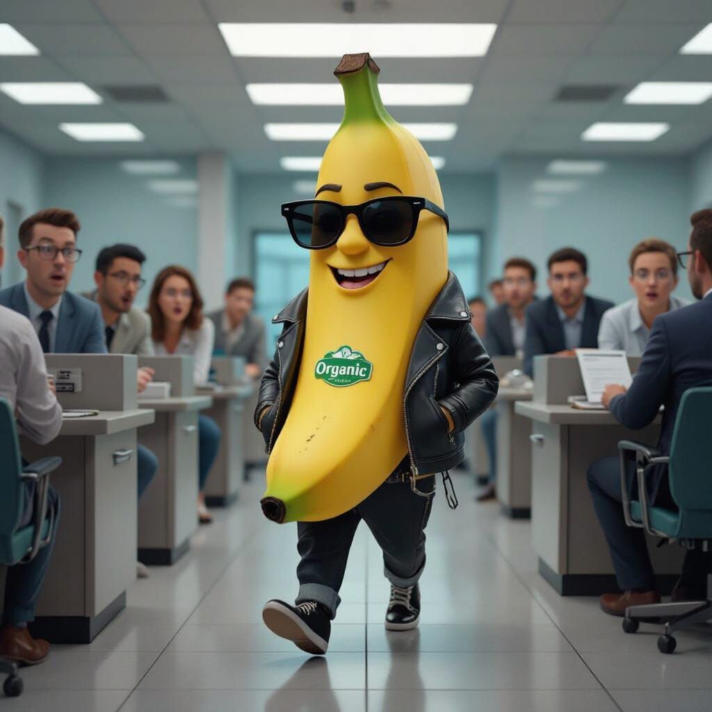 Anthropomorphic Banana Enters DMV: Clean Cartoon Aesthetic
