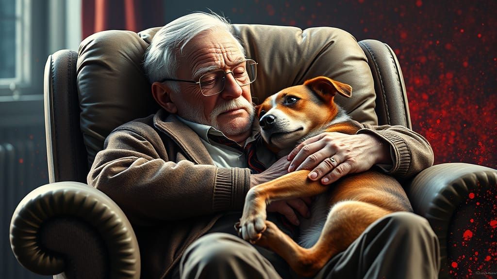Old Man Cuddled with Loyal Dog in Chair