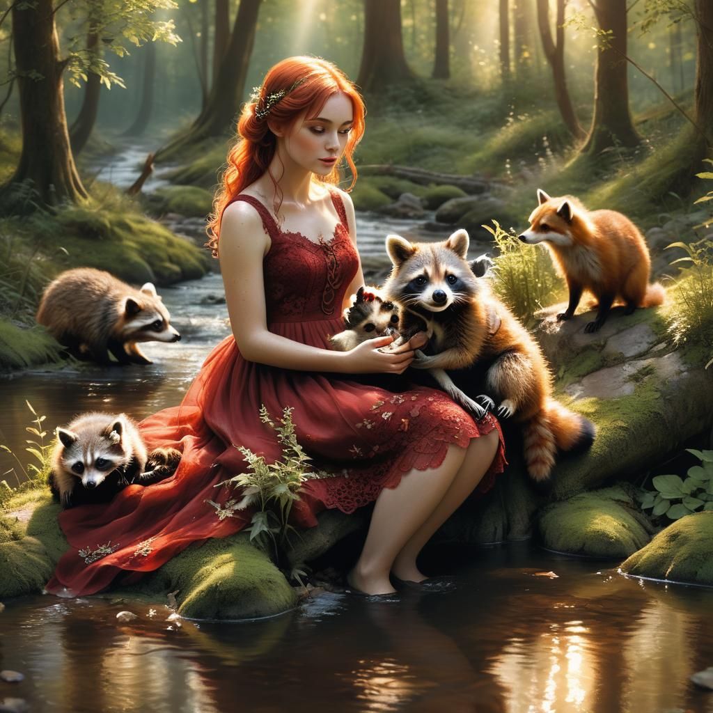 Girl with Raccoon in Forest Clearing: Fantasy Realism