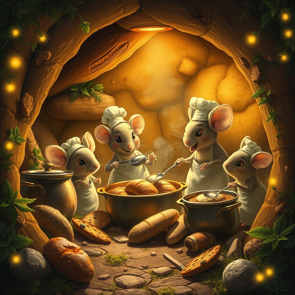 Mice Family Cooking Whimsical Feast in Cozy Underground Burr...