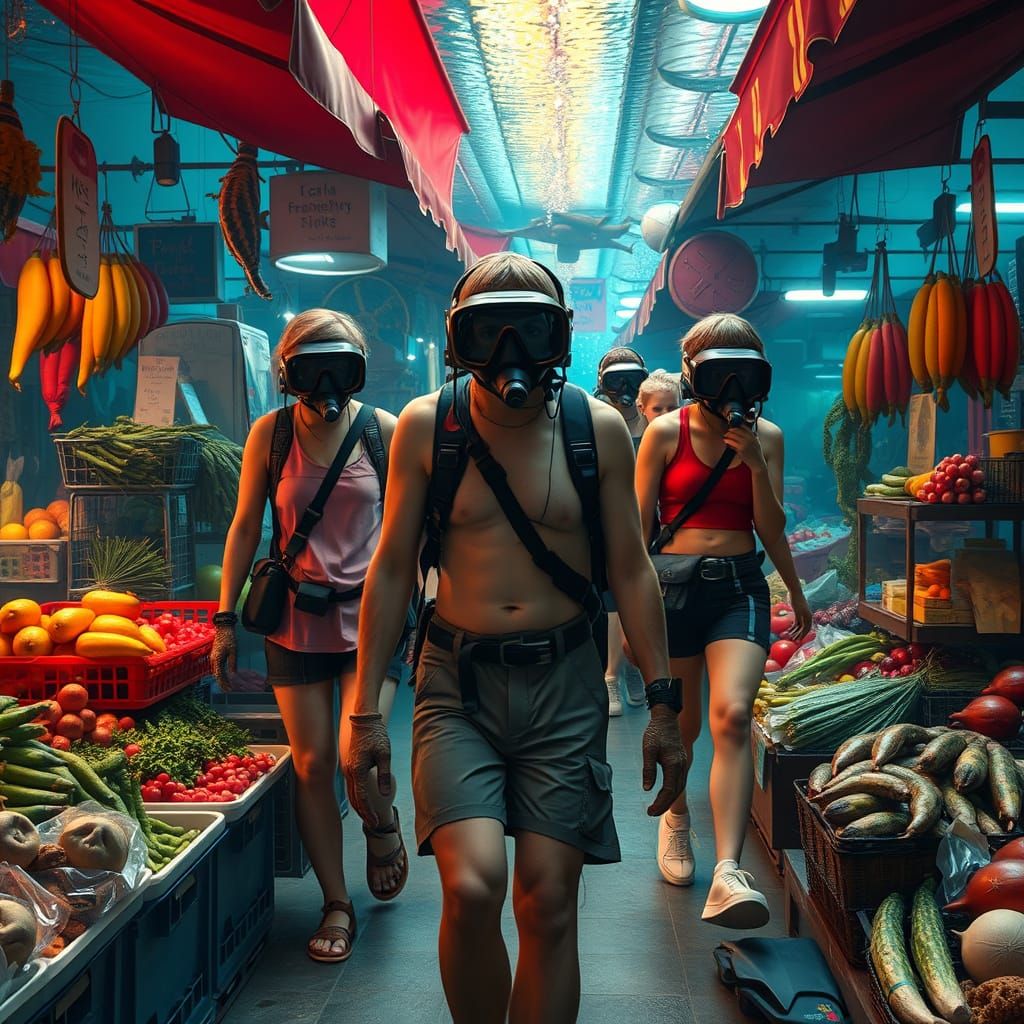 Vibrant Underwater Farmer's Market with Electronic Gills