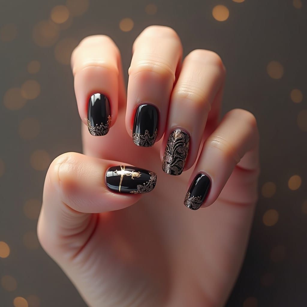 Elegant Taupe Nails with Black Lace Design