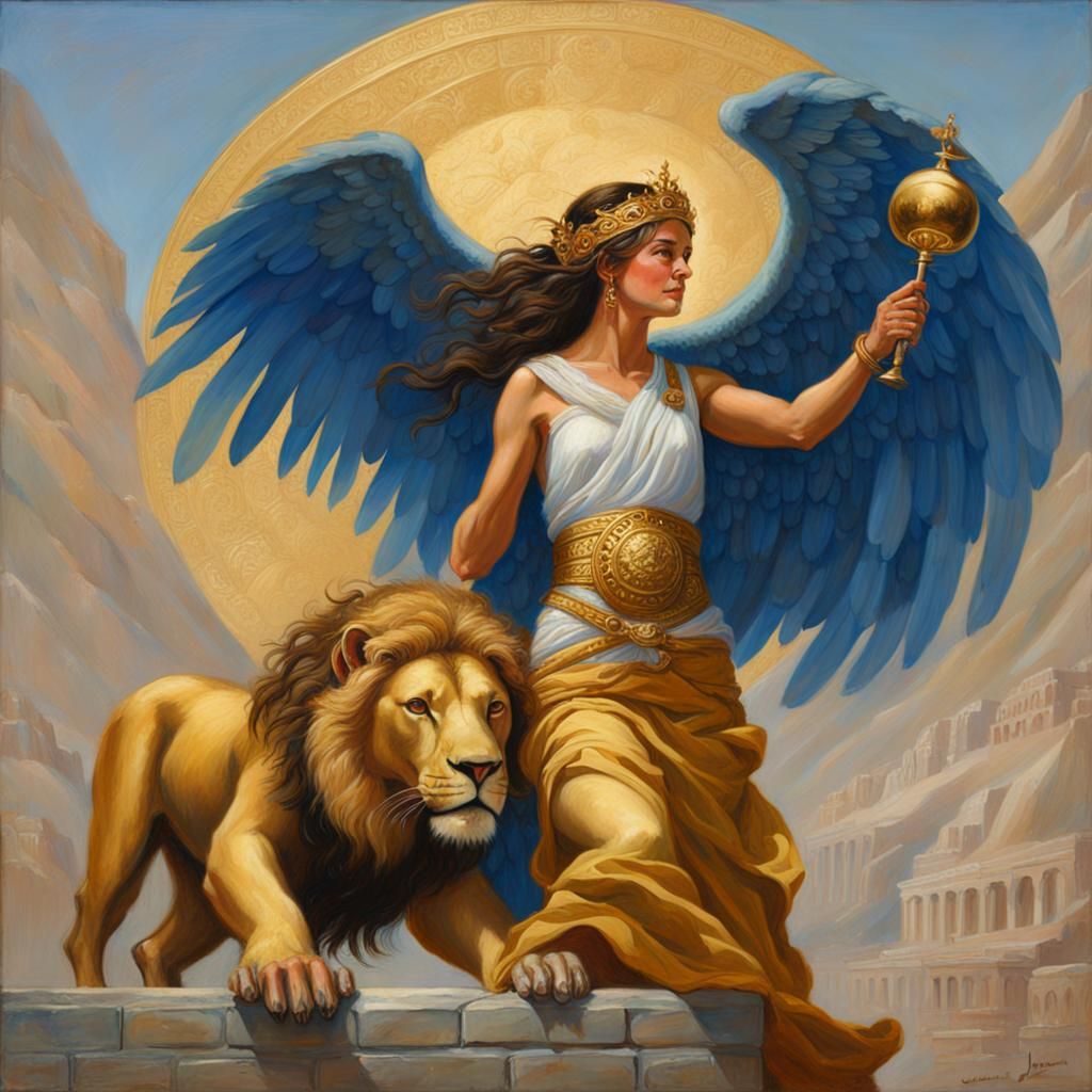 Fortune Goddess Embraces Golden Lion as Oil Painting