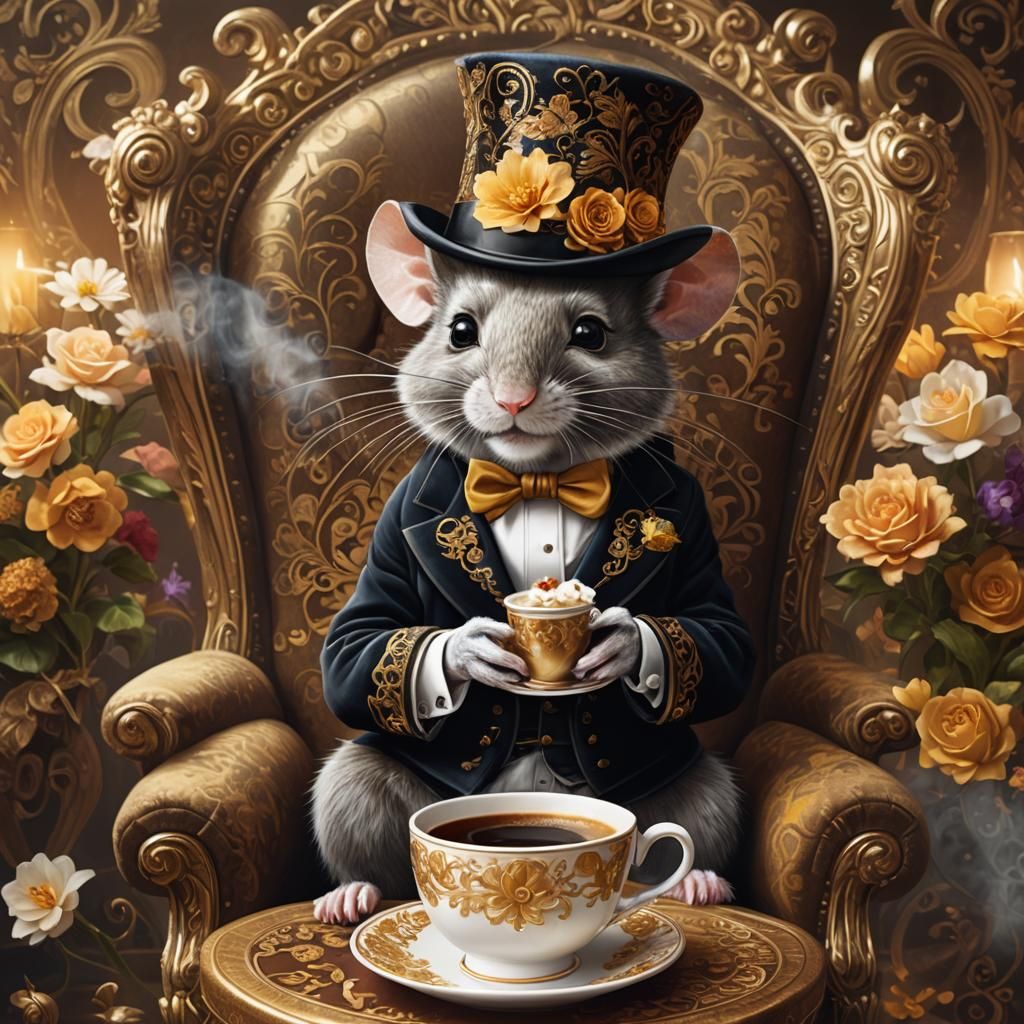 Mouse in Top Hat with Coffee, Hyperrealistic Art