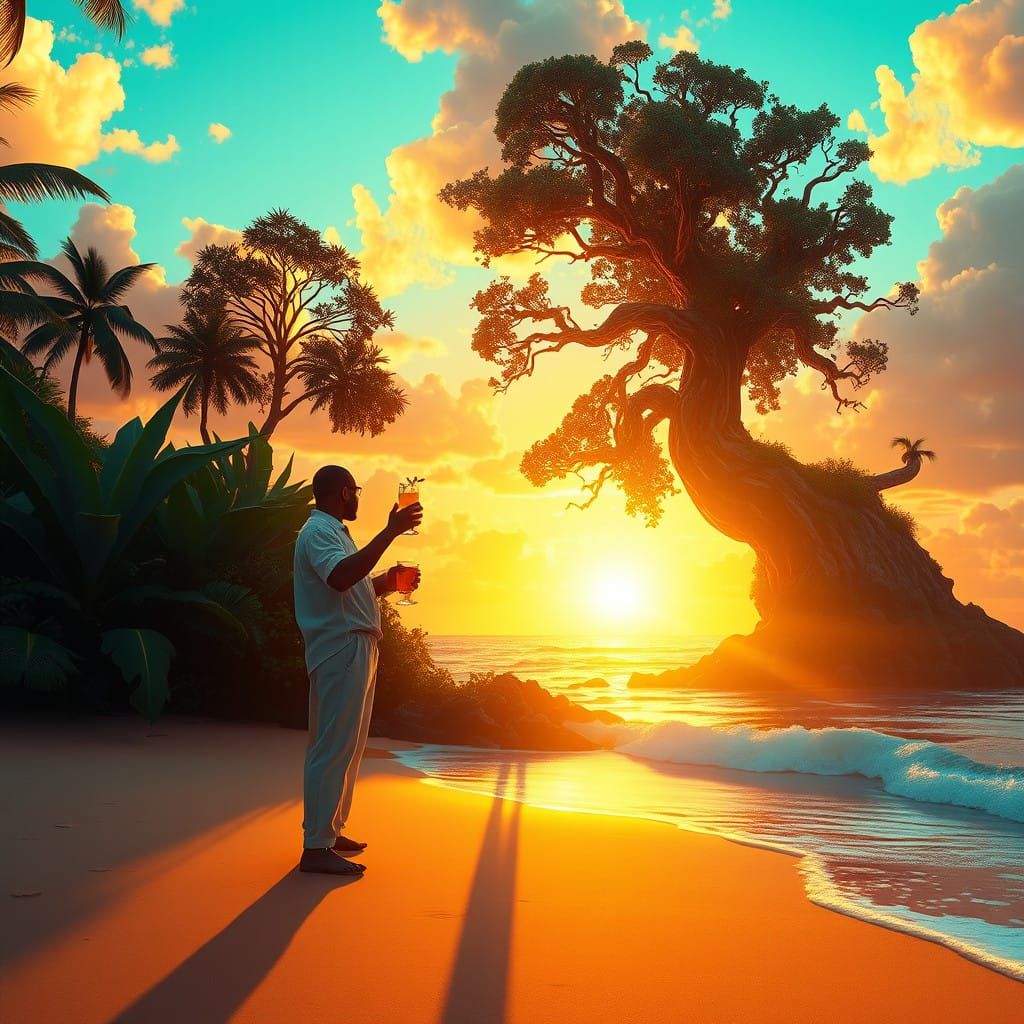 Surreal Sunset Island Scene with Music and Drink