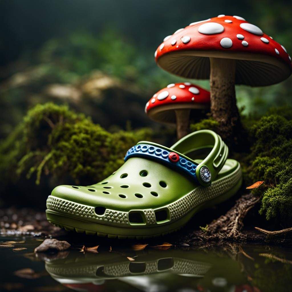 Hyperrealistic Crocs with Mushroom Charm
