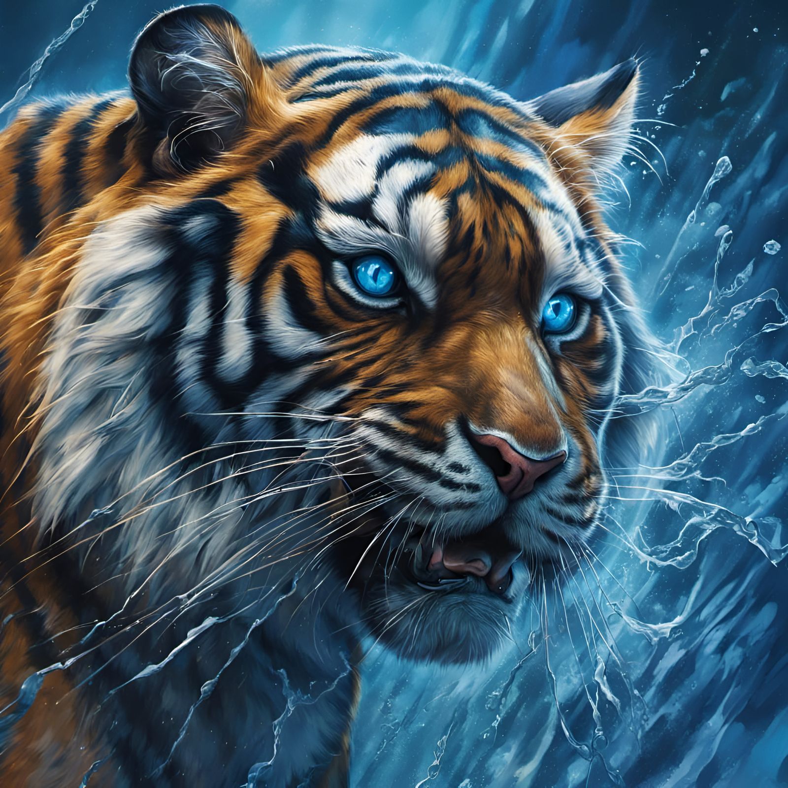 Electrifying Persian Tiger in Blue Lightning Ocean
