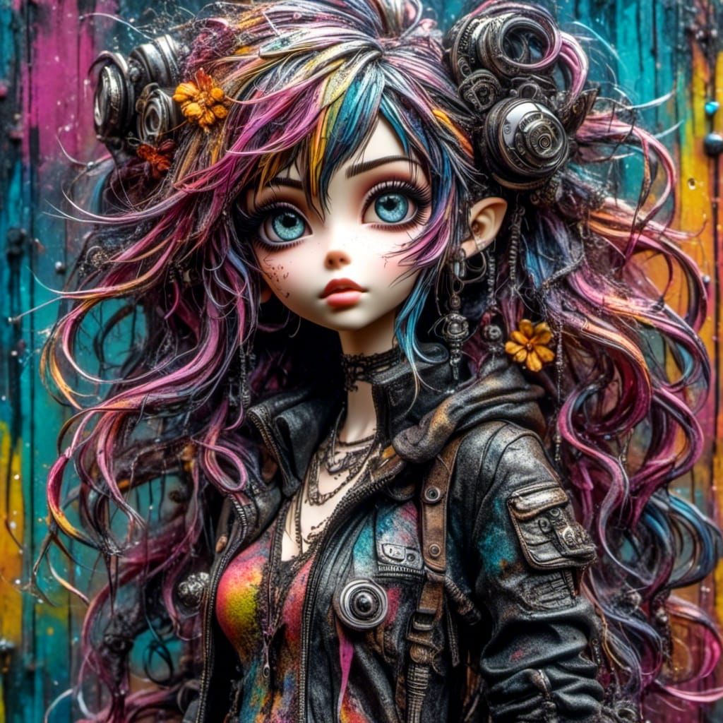 Anime Graffiti Shower Scene in Cyberpunk Style