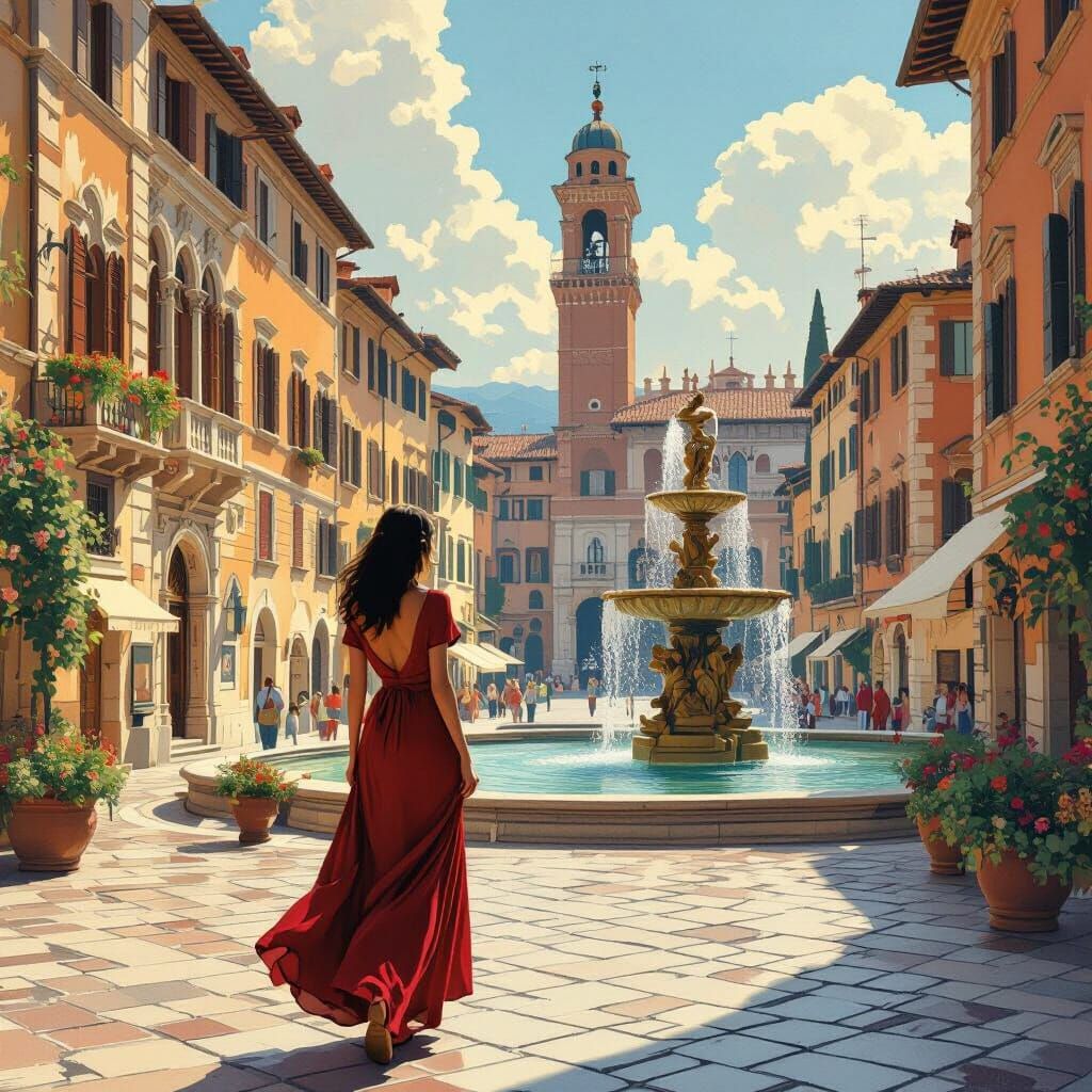 Italian Piazza Scene in Art Nouveau Style