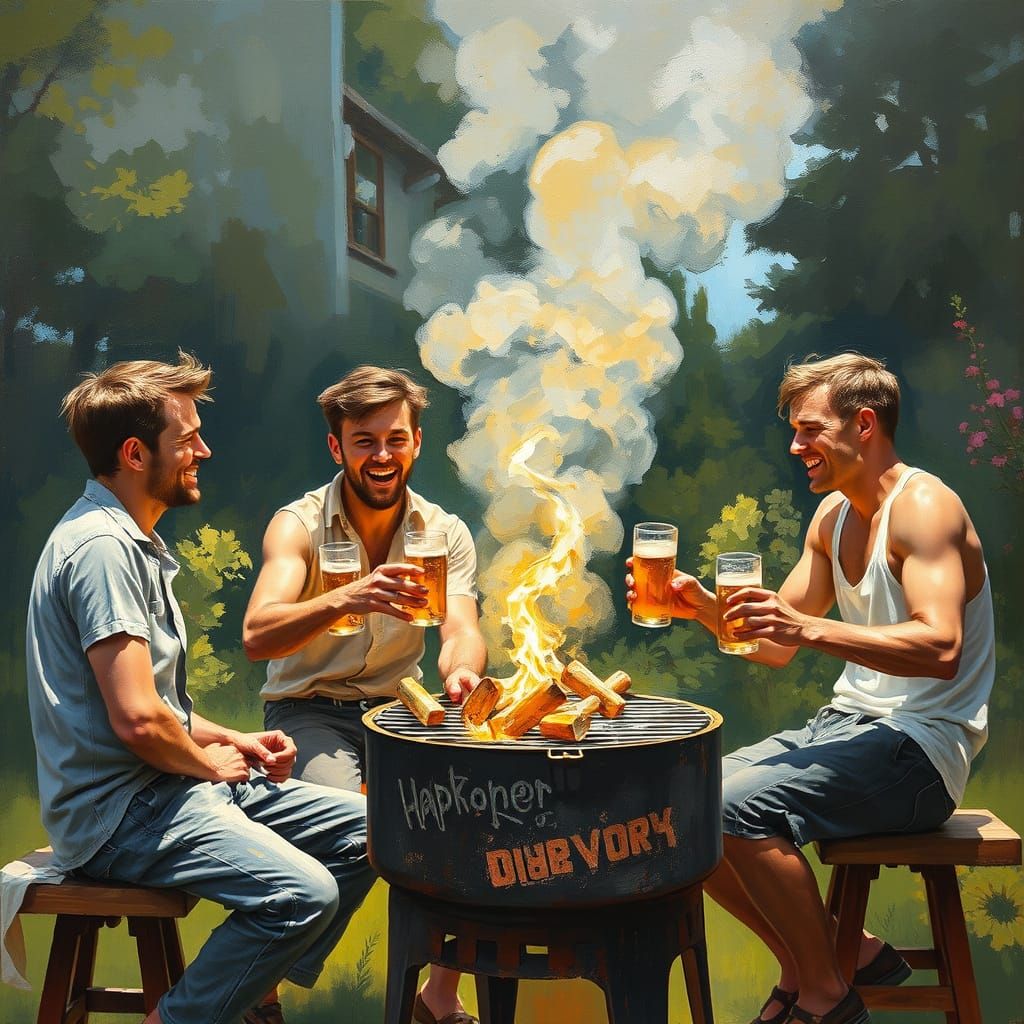 Young Men Enjoy Summer BBQ in a Vibrant Garden Scene