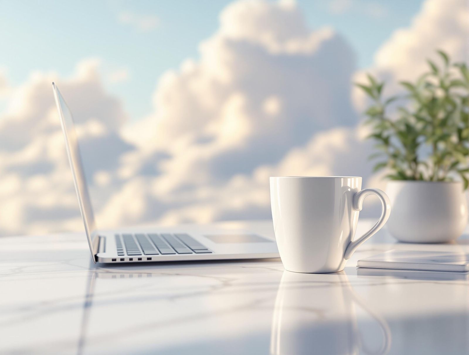 White Coffee Cup and Laptop in Modern Office