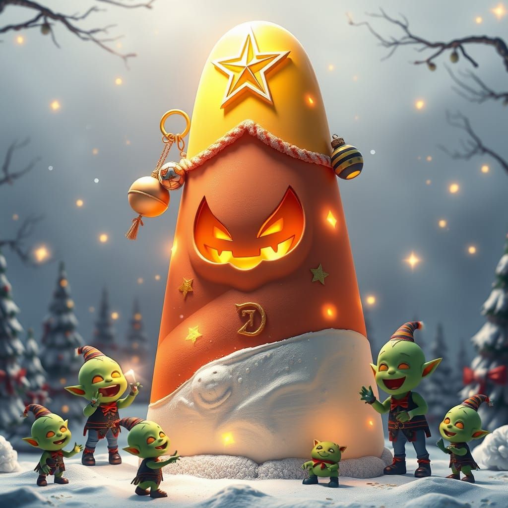 Goblins Sing Carols Around a Giant Candy Corn Tree