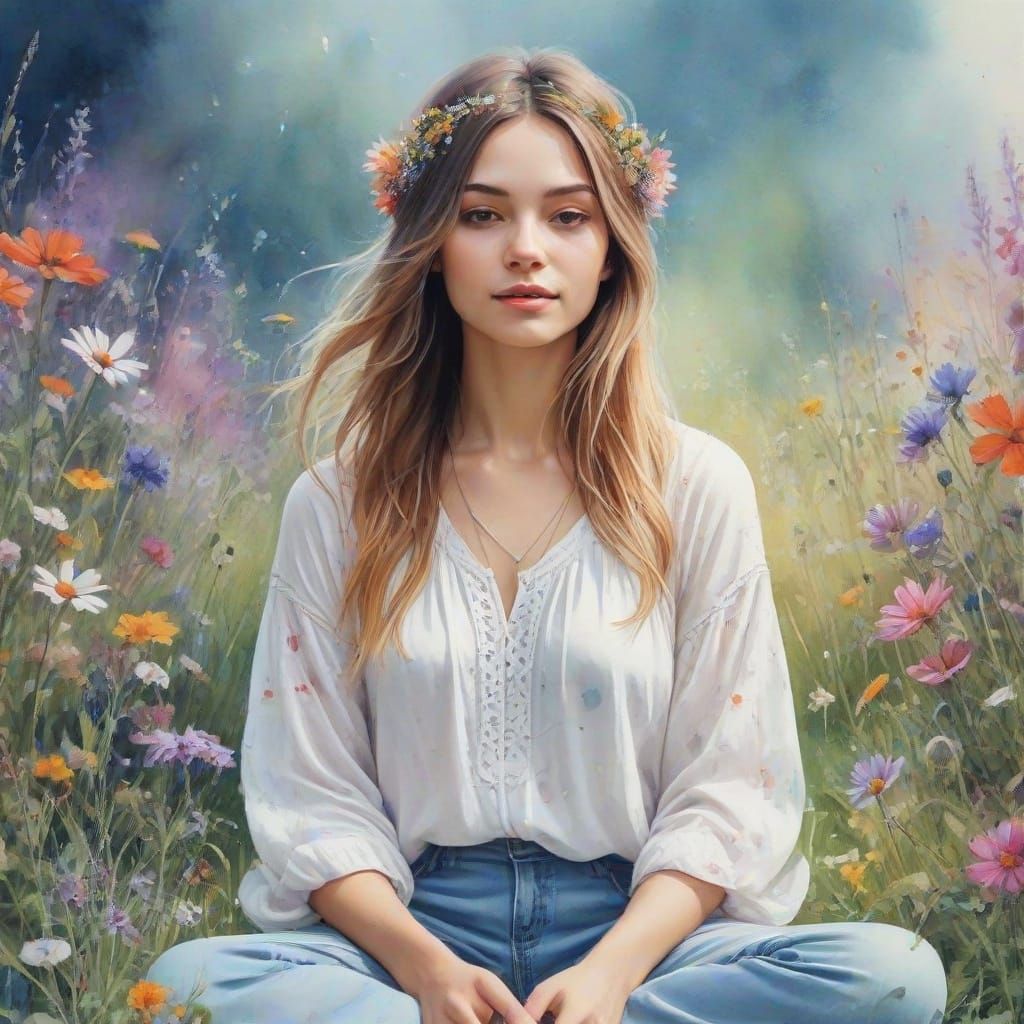 Whimsical Watercolour Scene with Meditating Hippie and Wildf...