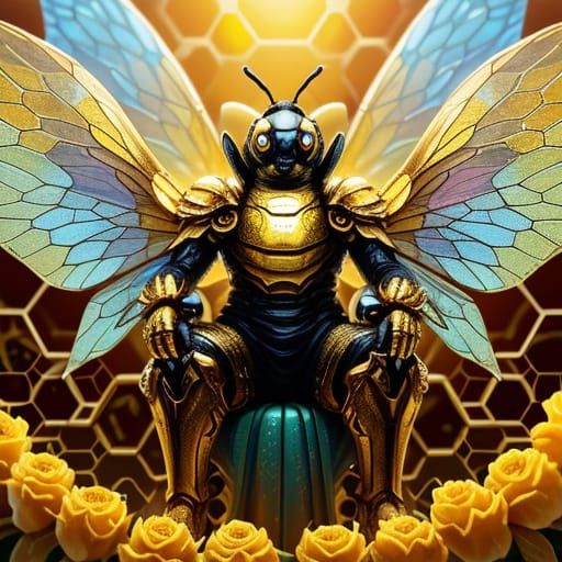 Honey Bee Goddess on Bee Throne in Oil Painting Style