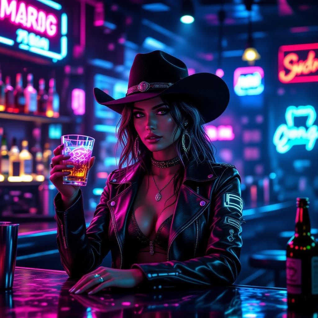 Cyberpunk Cowgirl in Neon Bar
