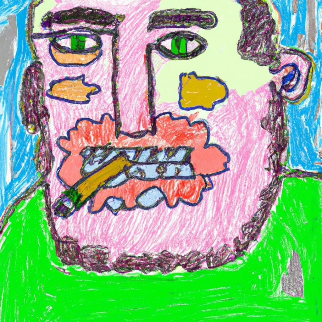 A poorly drawn cartoon portrait of a male, cartoony, surreal, over exaggerated features, fat, grotesque, balding, patchy...