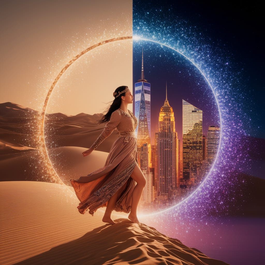 In hyper detail and in two scenes a Persian princess walking...