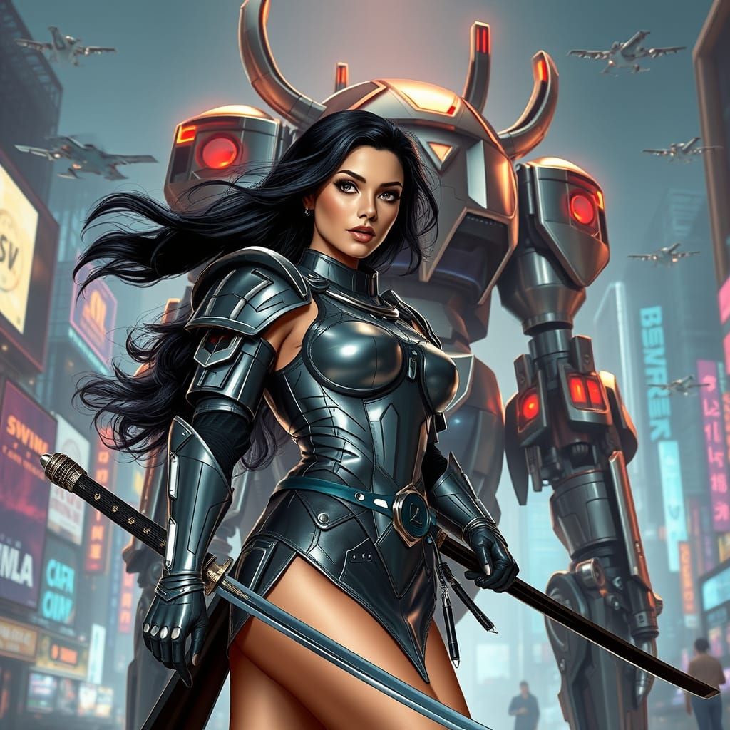 Cyberpunk Samurai Woman with Mech in Neon City