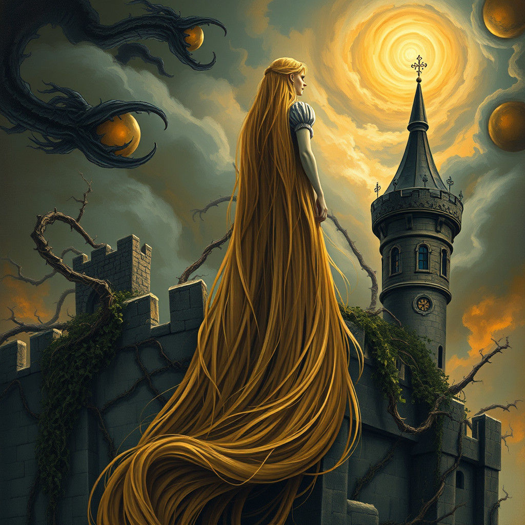 Eerie Rapunzel in Gothic Castle, Beksiński Style