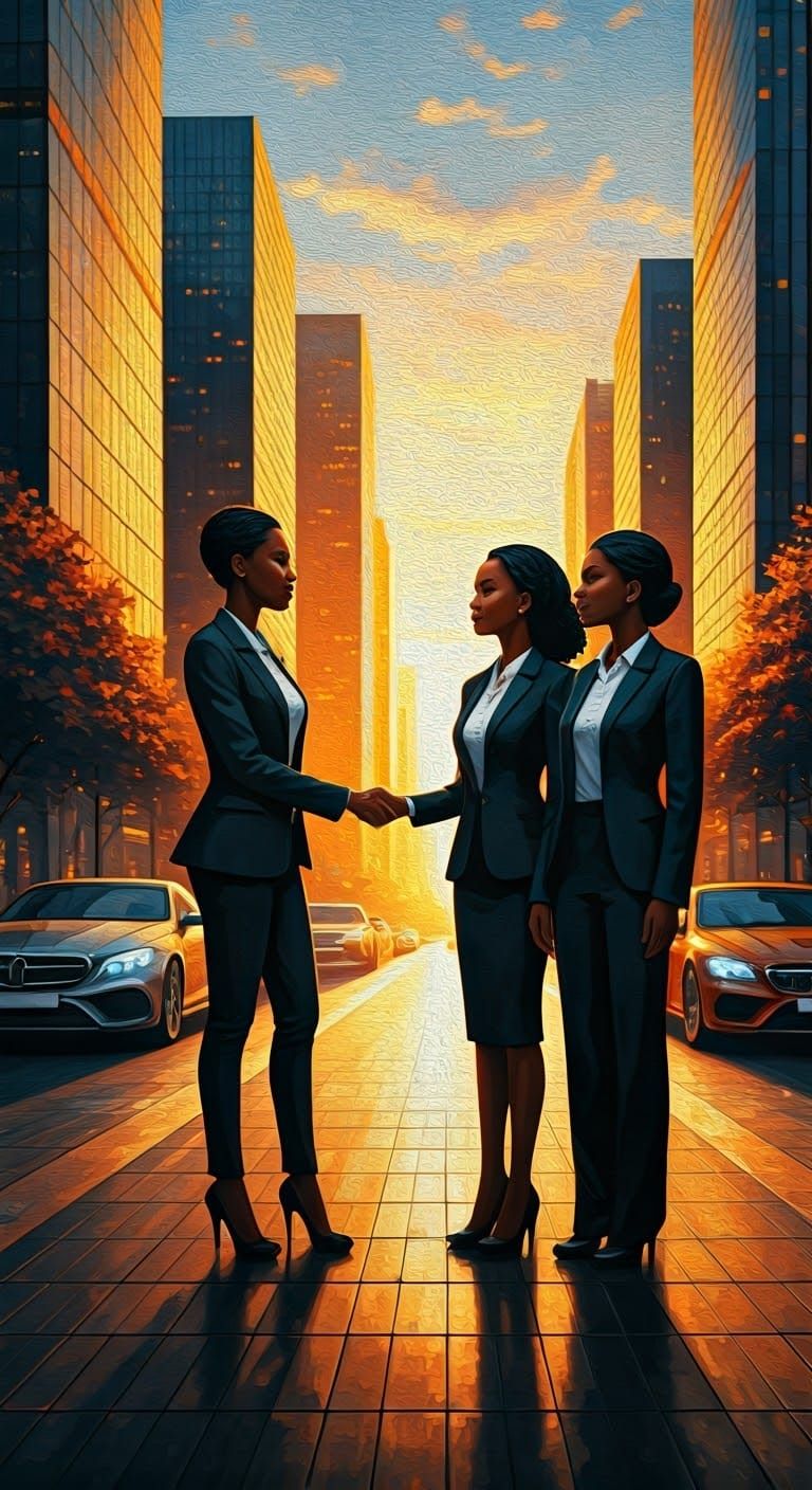 African Businesswomen Seal Deal in Neo-Impressionist Citysca...