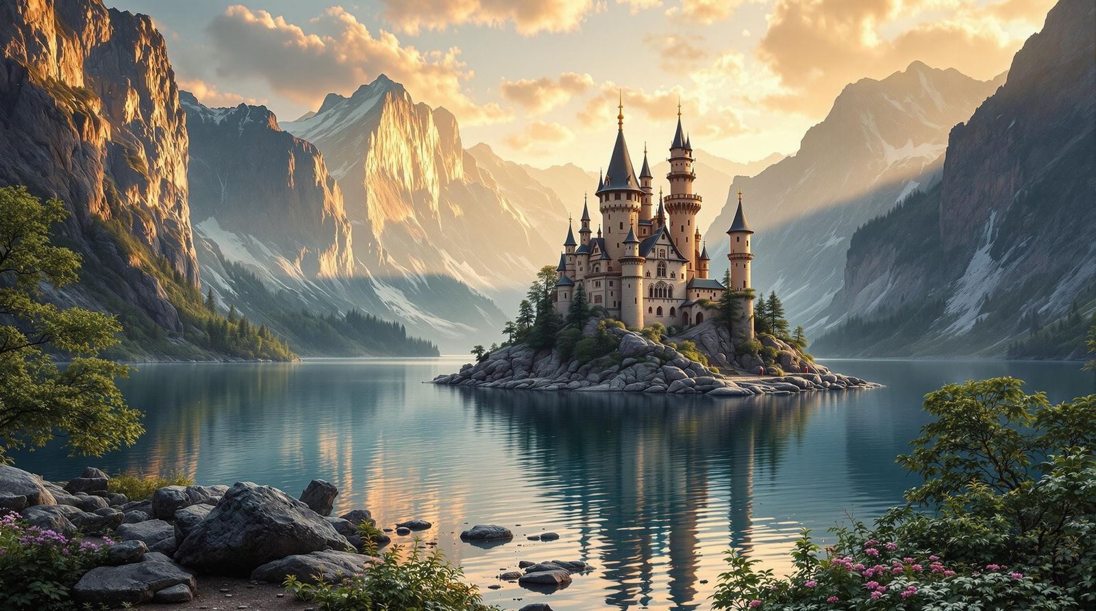 Fantasy Castle on Island at Golden Hour Dawn
