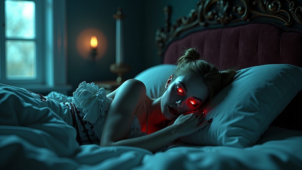 Vampire Women Surround Harley Quinn in Ornate Bed