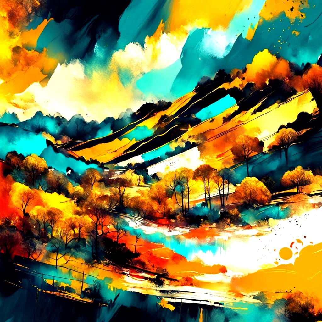 Patchwork Ink Landscape with Bold Colors