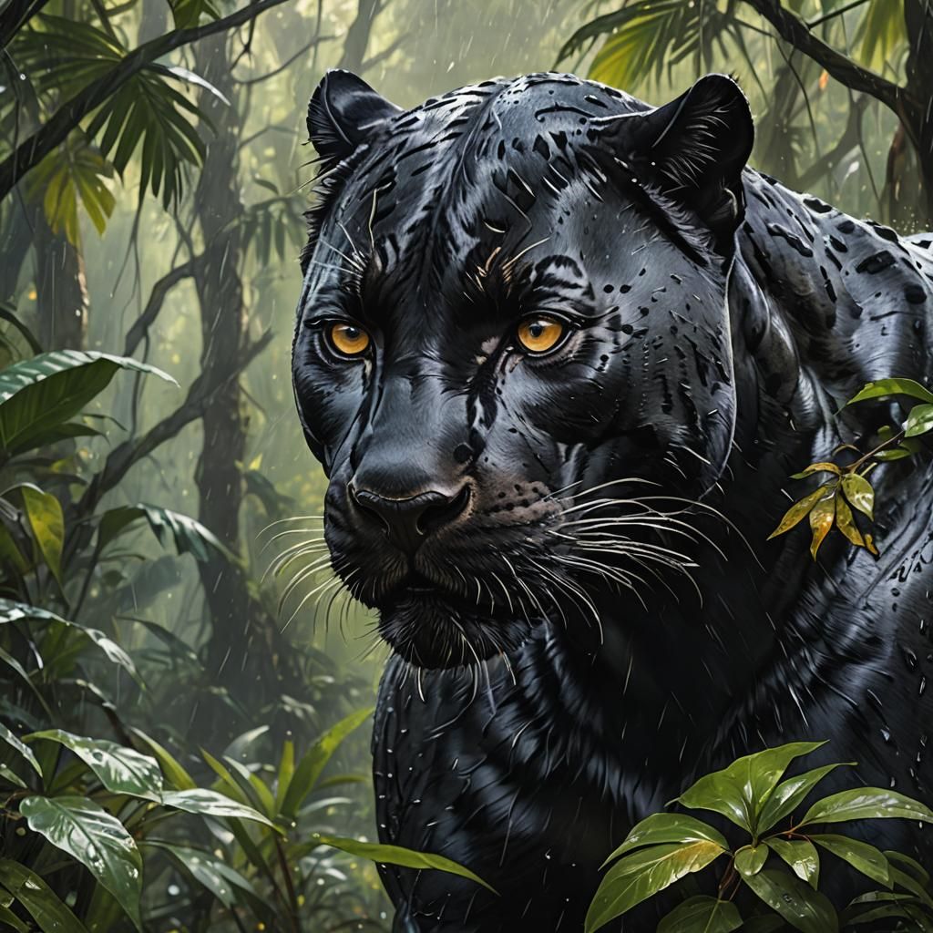 Hyperrealistic Black Panther in Rainforest