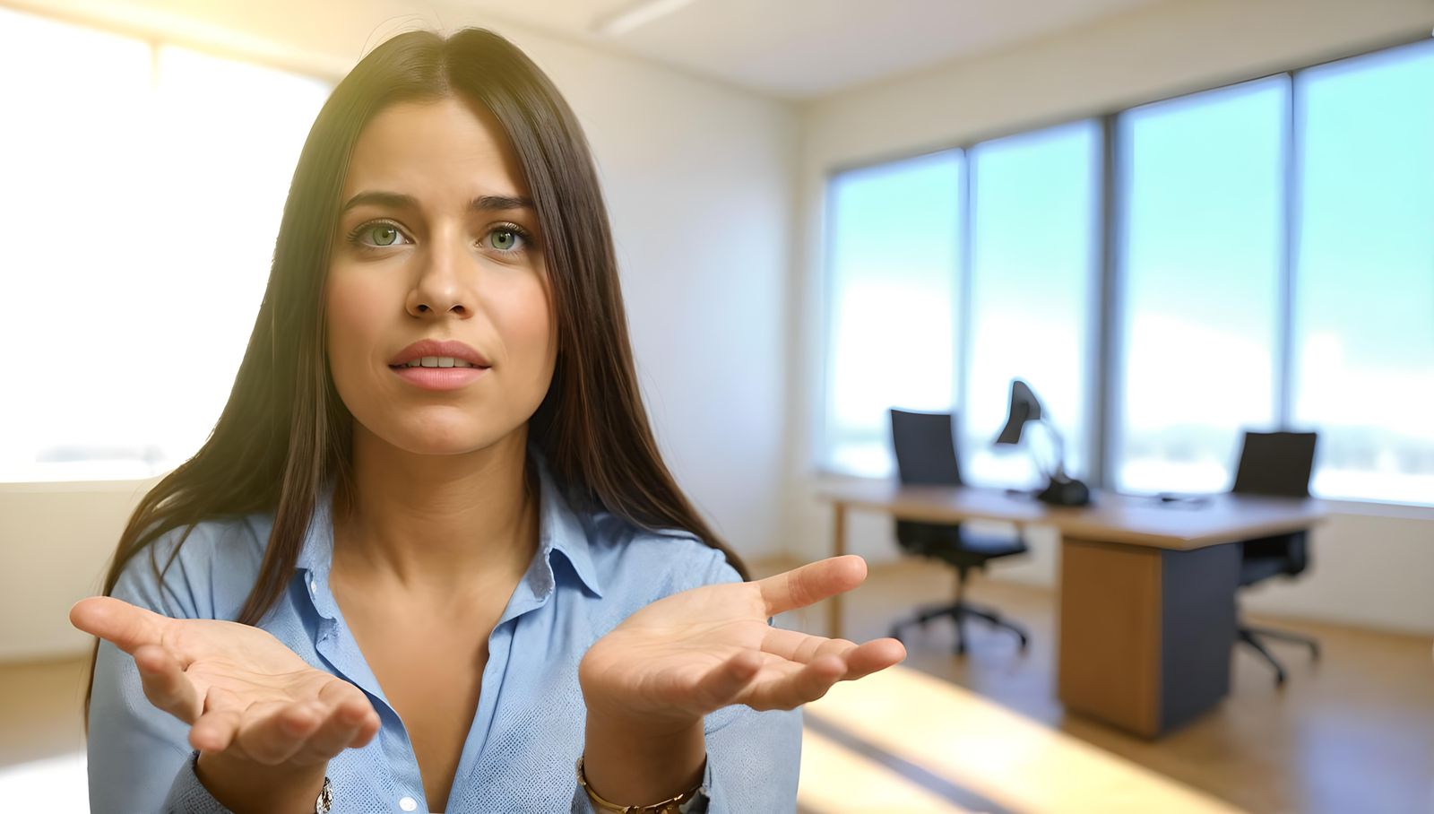 Confused Woman Shrugging in Brightly Lit Office