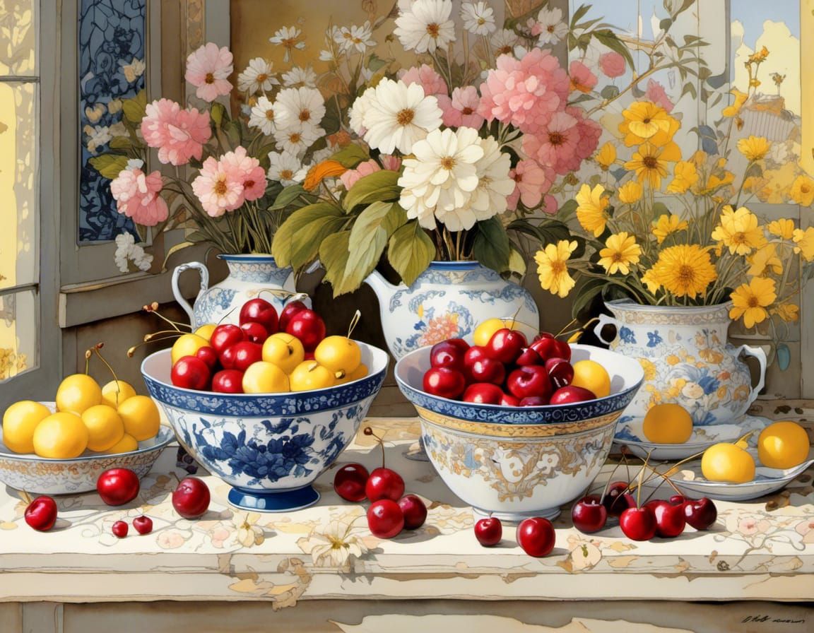 Summer Cherries in Rustic Garden Still Life, Fine Art Painti...
