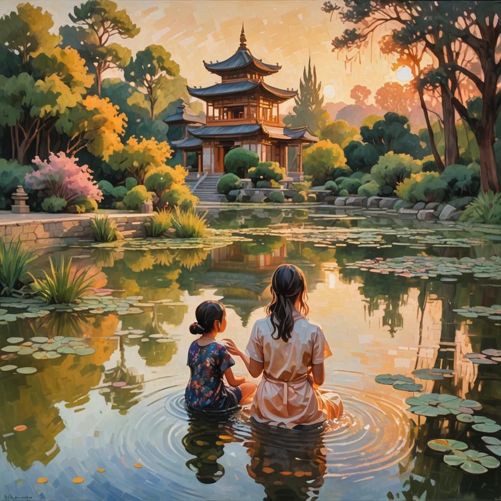 Impressionist Pond Scene with Temple in Golden Light