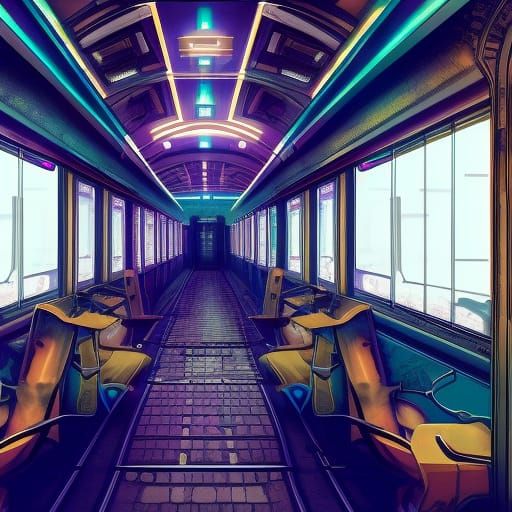 Cyberpunk Train Dining Car at Night