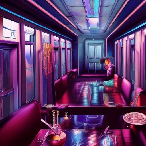 Cyberpunk Train Dining Car at Night