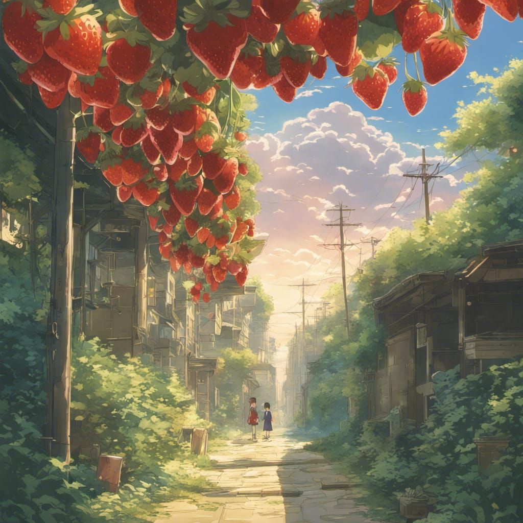 Strawberry World: Anime Key Visual in Ghibli Style