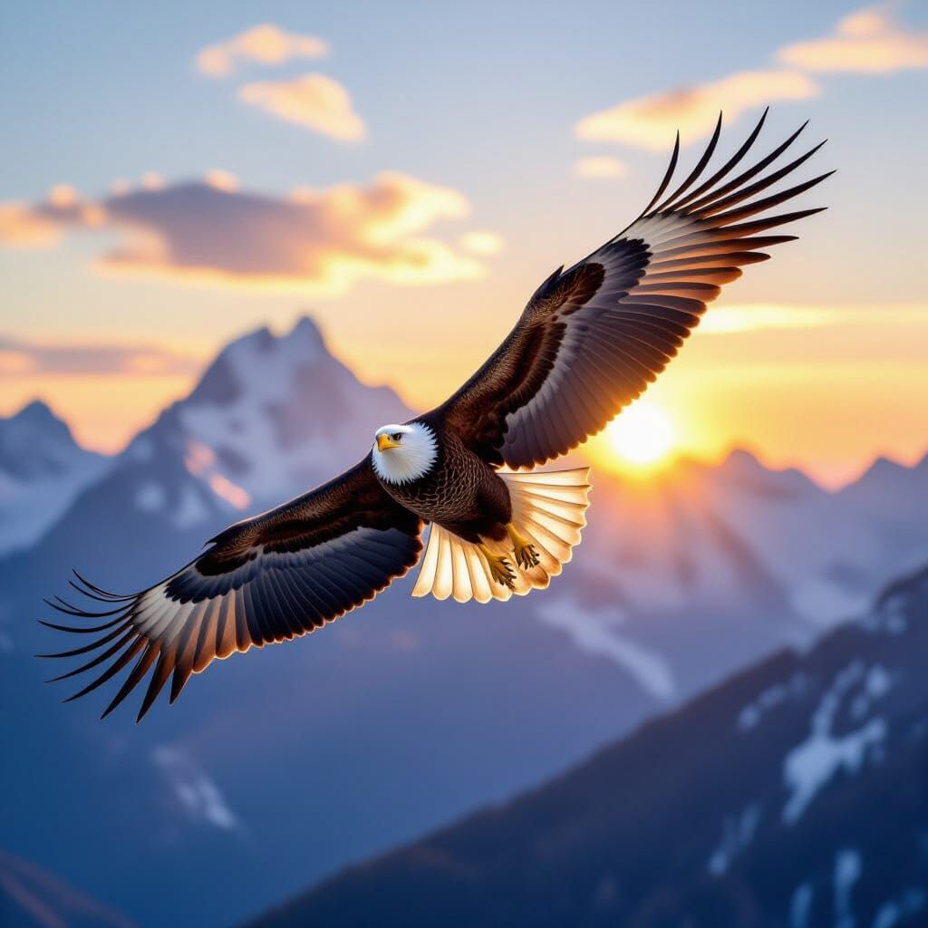 Majestic Eagle Soars Over Sunlit Mountains at Dawn