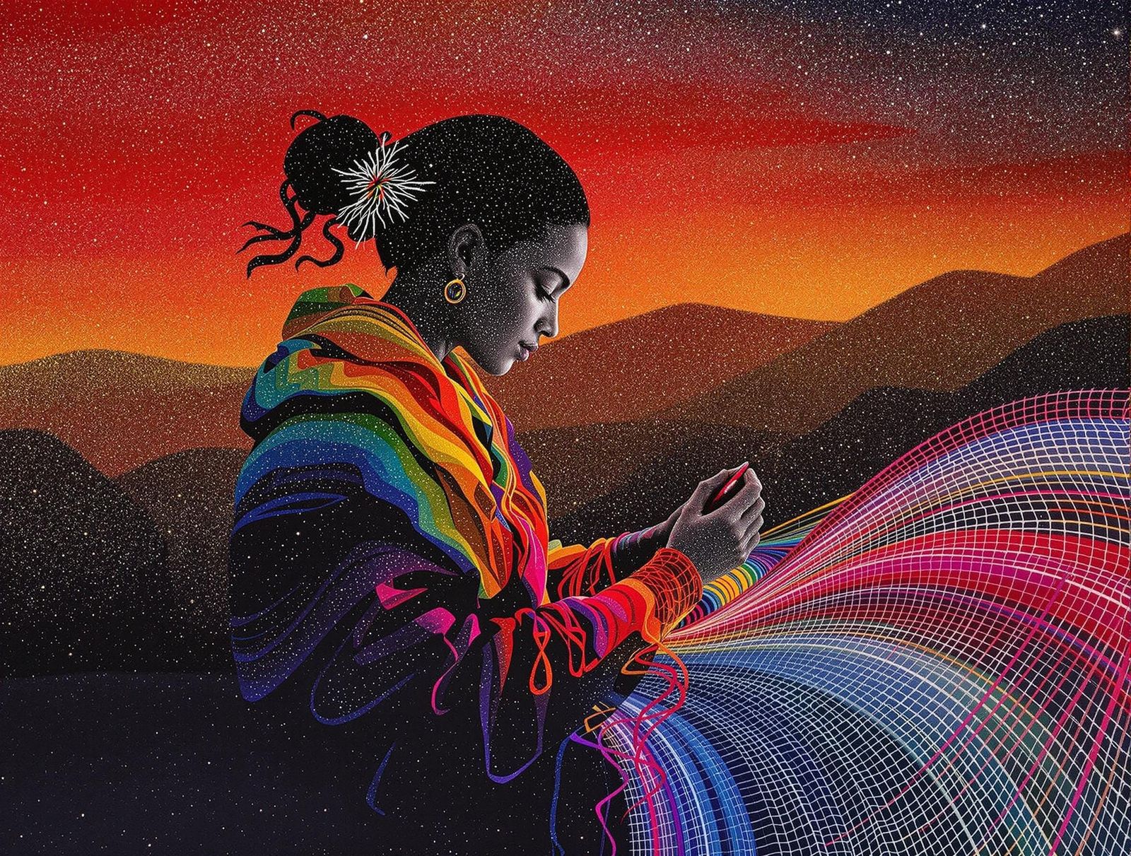 Indigenous Weaver in Andean Sunset Tapestry