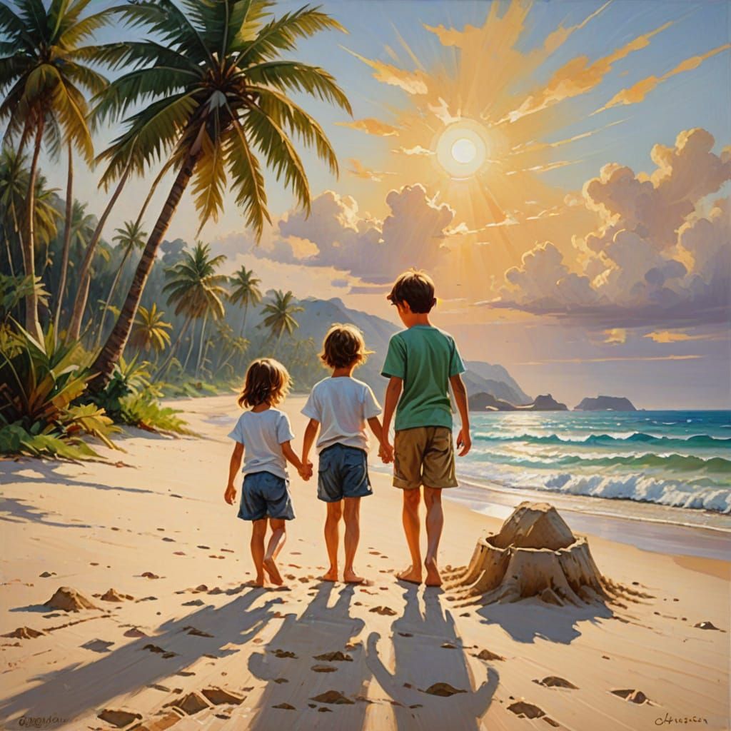 Idyllic Tropical Scene in Impressionist Oil Painting Style