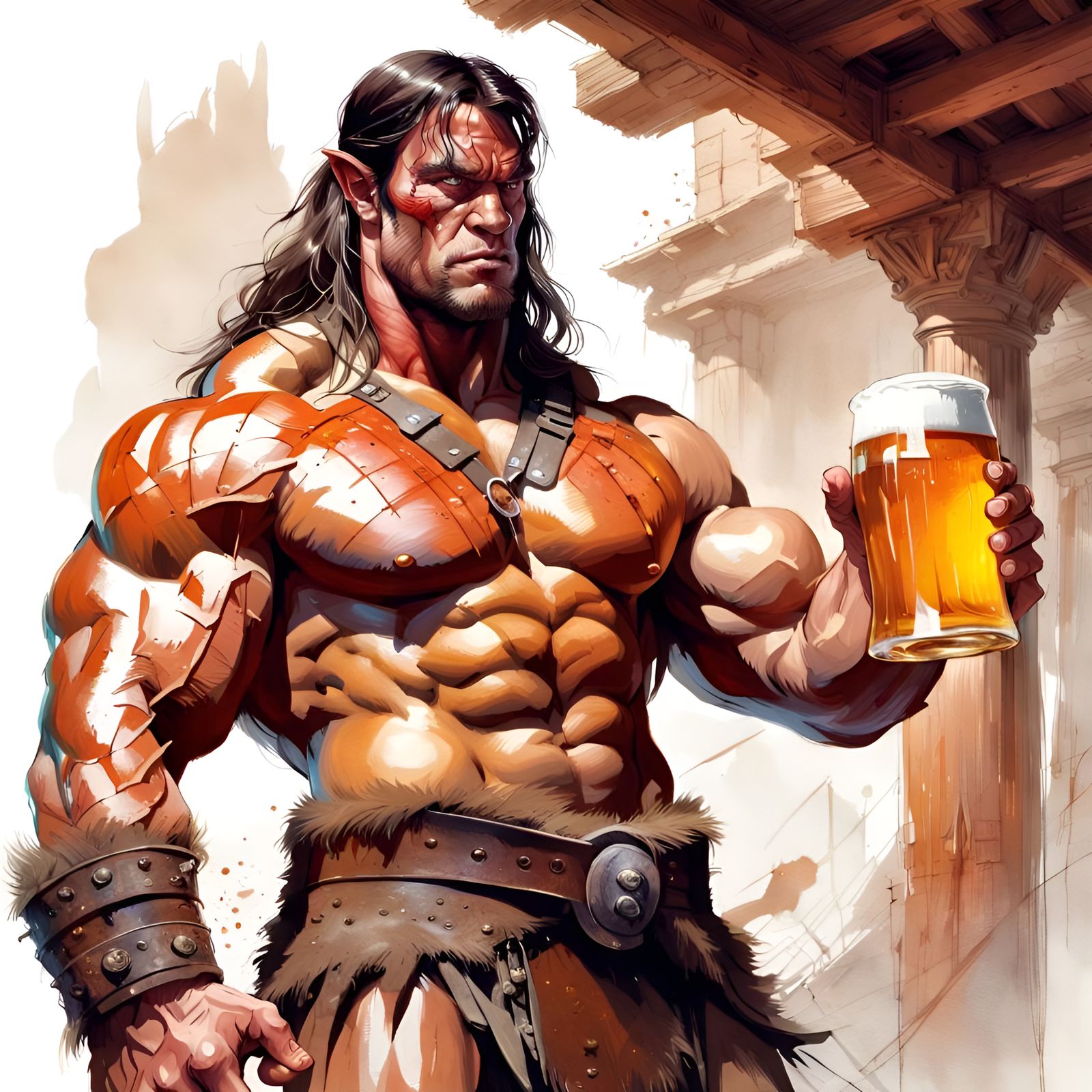 Muscular Barbarian Portrait in Digital Illustration Style