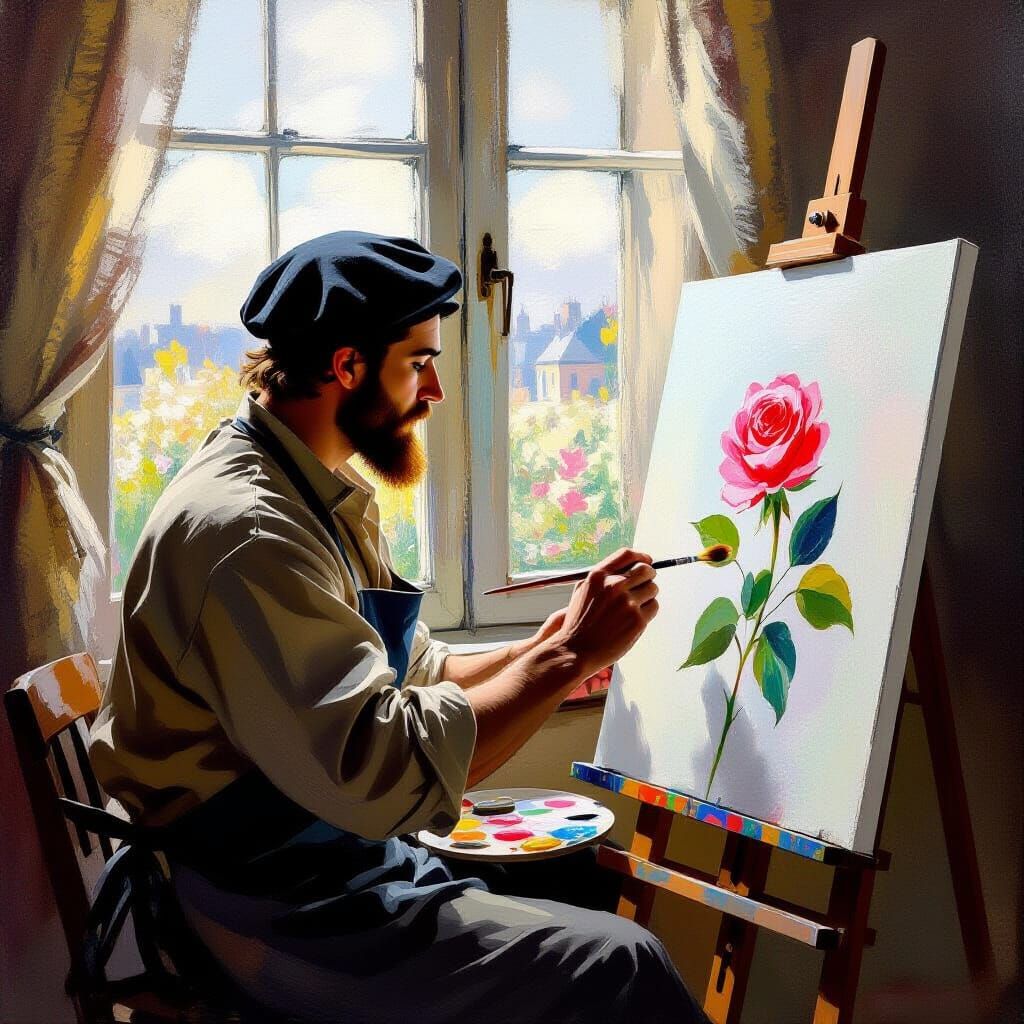 Artist Painting a Rose in Impressionist Style