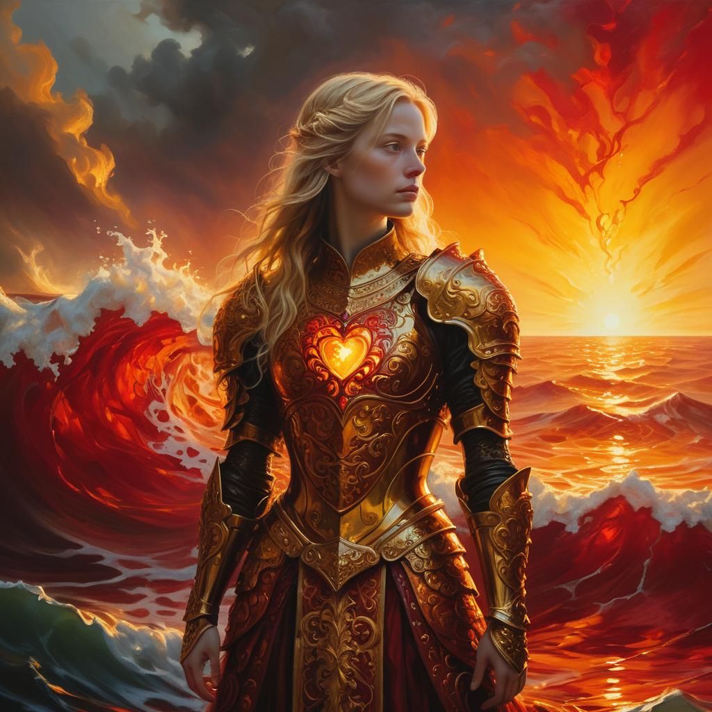 Baroque Painting: Woman in Amber Armor by Red Sea