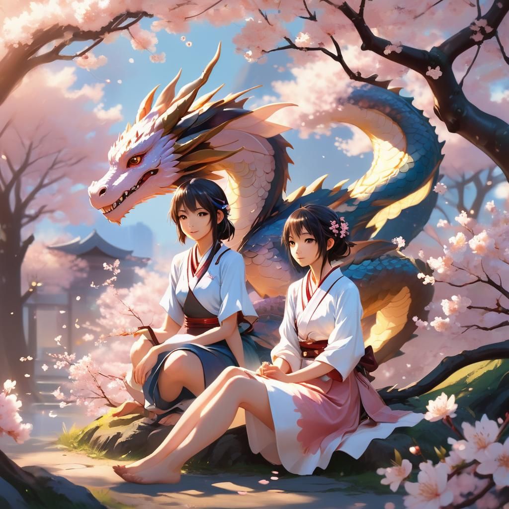 Anime Girl and Dragon Under Cherry Blossom Tree